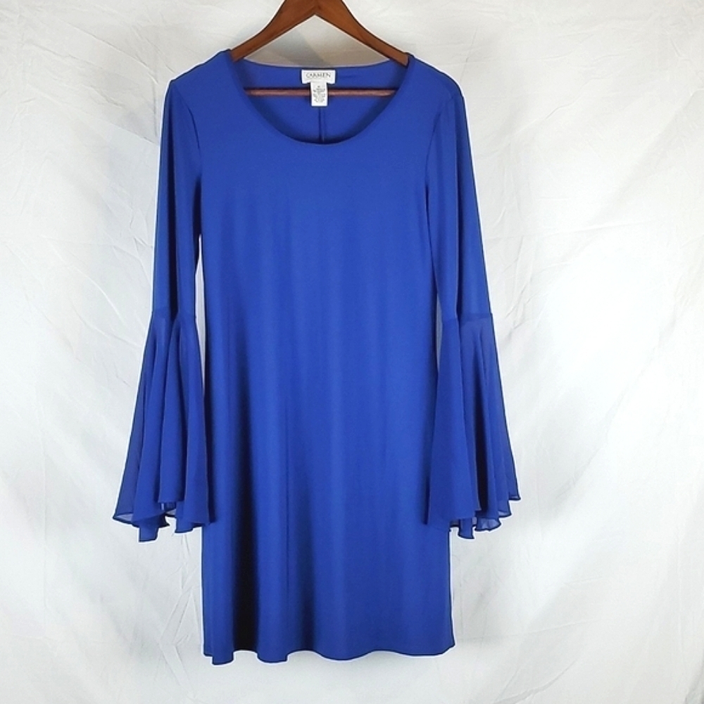 Carmen Marc Valvo Blue‎ Bell Sleeve Dress